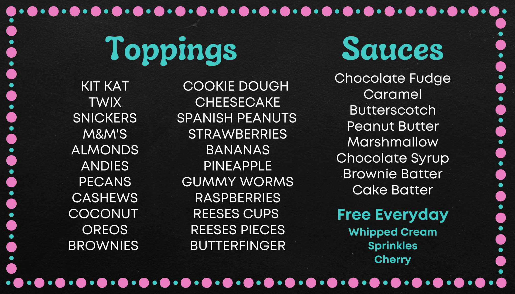 Toppings and Sauces Menu